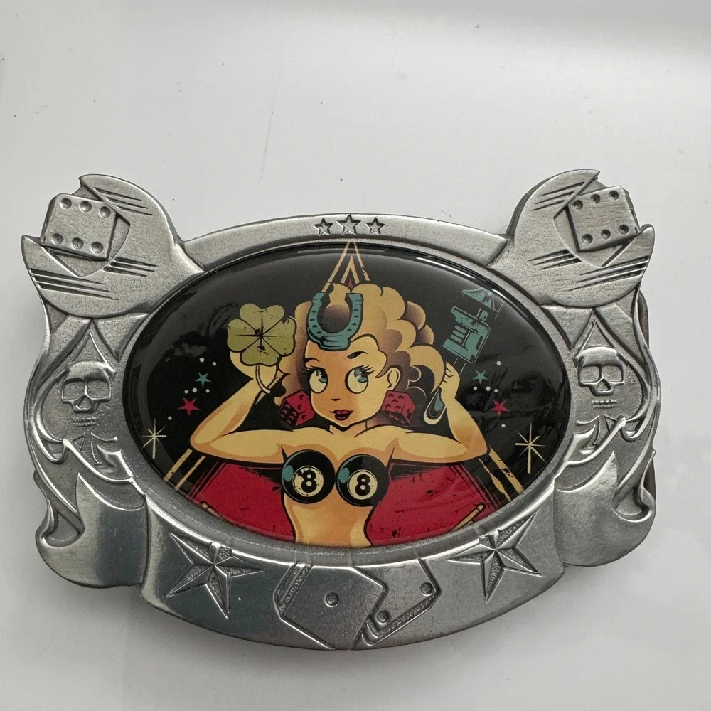 D. Vicente Pin Up Girl Lucky Horseshoe Dice 8 Ball Belt‎ Buckle Made in Mexico